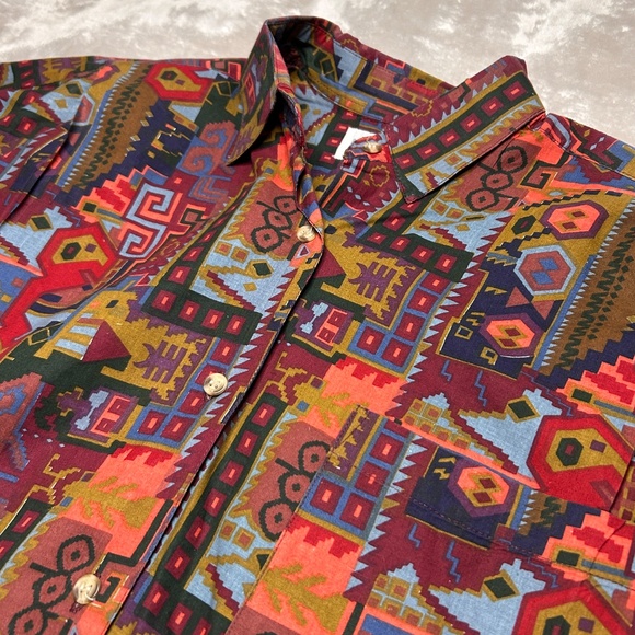 Vtg At Last Basics Button Up Shirt Womens M Aztec Abstract Shoulder Pads 90s - Picture 2 of 8